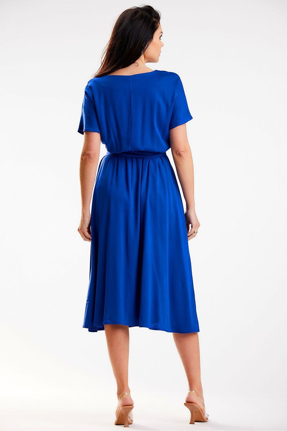 Blue daydress back view, short sleeves, tie waist, draped midi skirt.