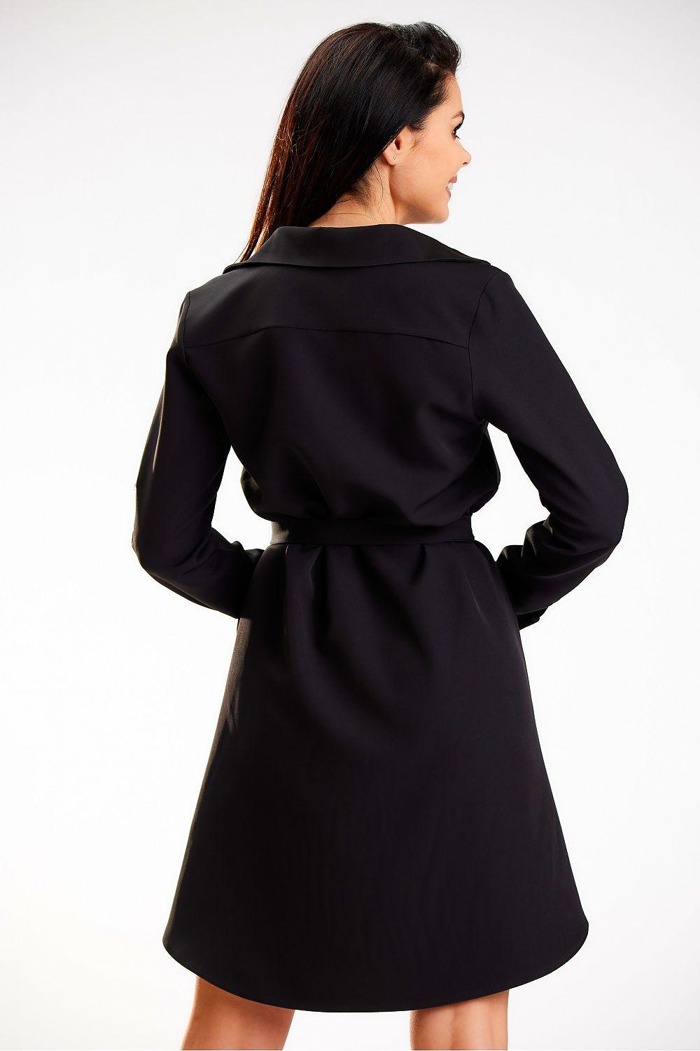 Black button-front shirt daydress, back view, waist tie belt and long sleeves