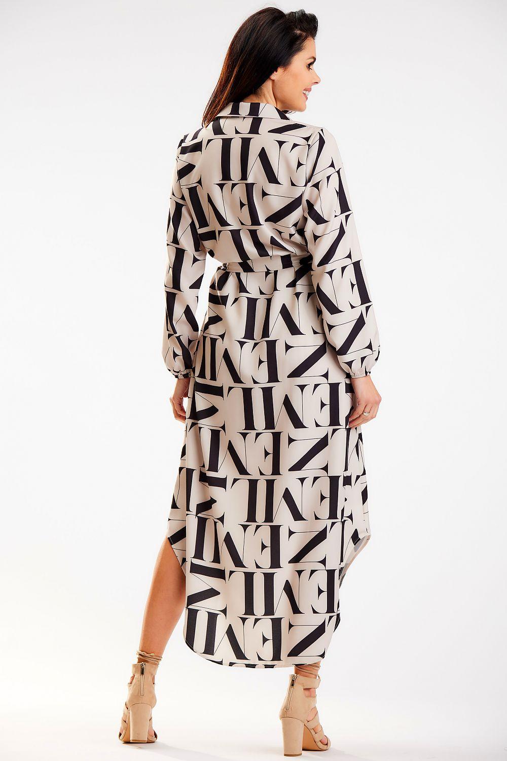 Awama daydress with beige-and-black letter print, long sleeves, side slit, tie waist