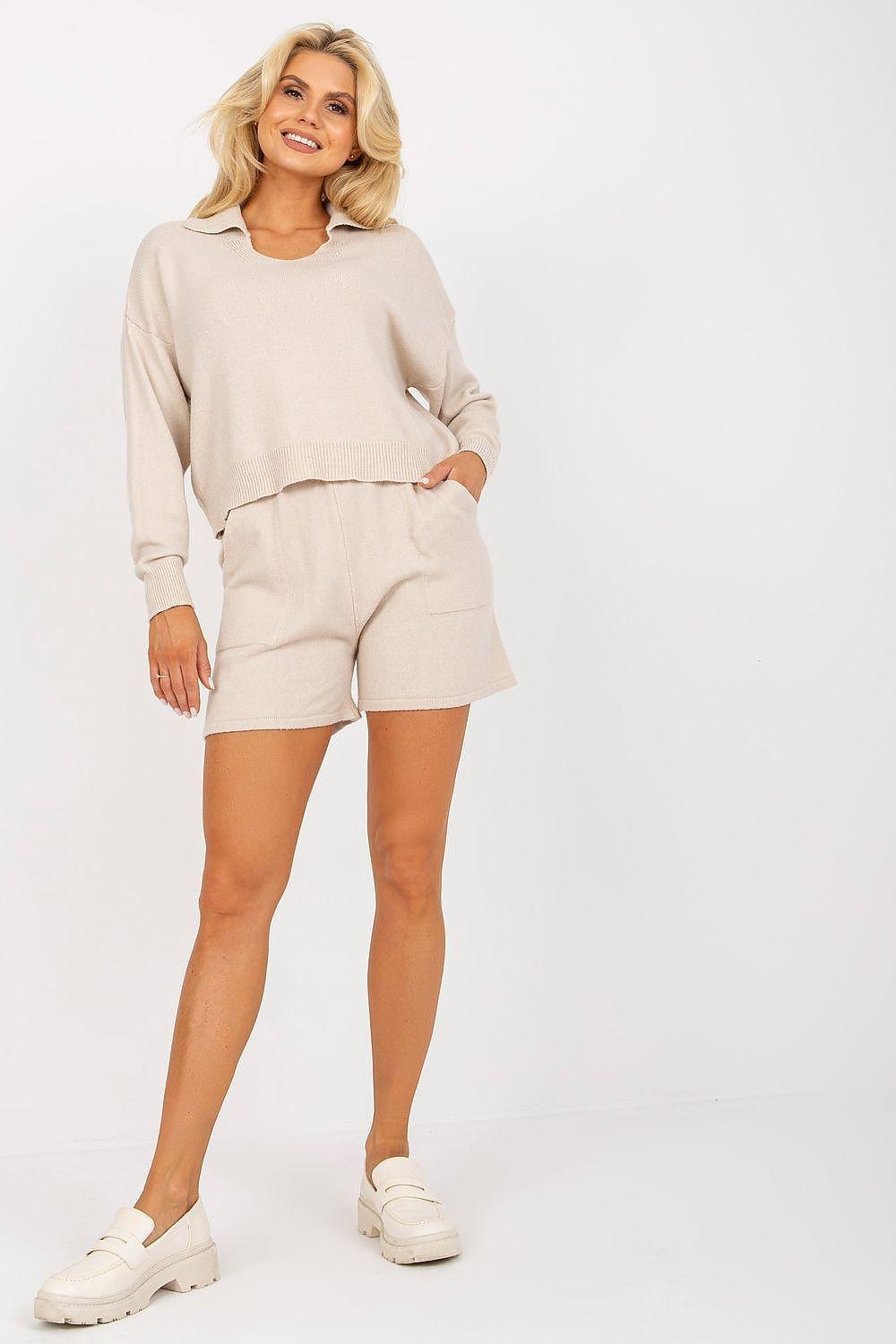 Women’s beige sweater and matching shorts set, long-sleeve knit top with elastic waist