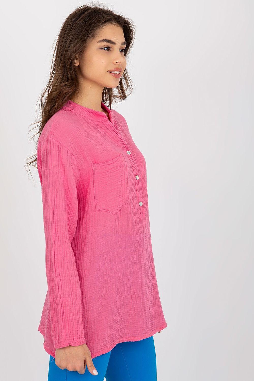 Pink long-sleeve blouse with button placket and textured front