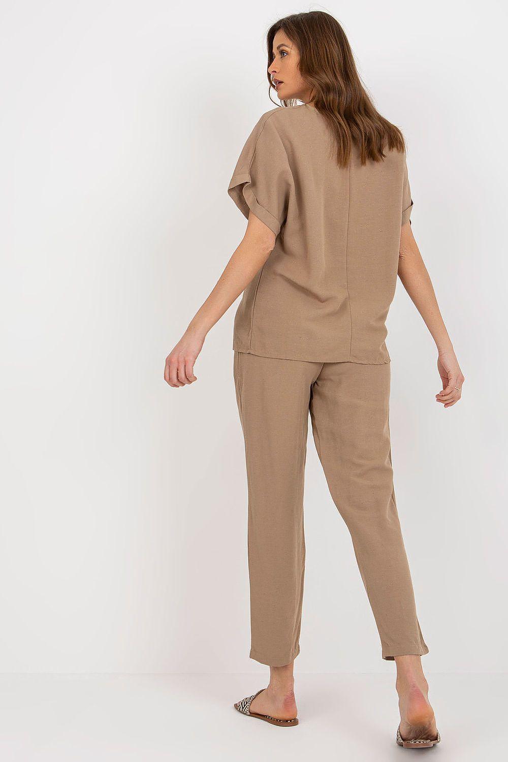 Beige set: short-sleeve top and tapered ankle pants, back view