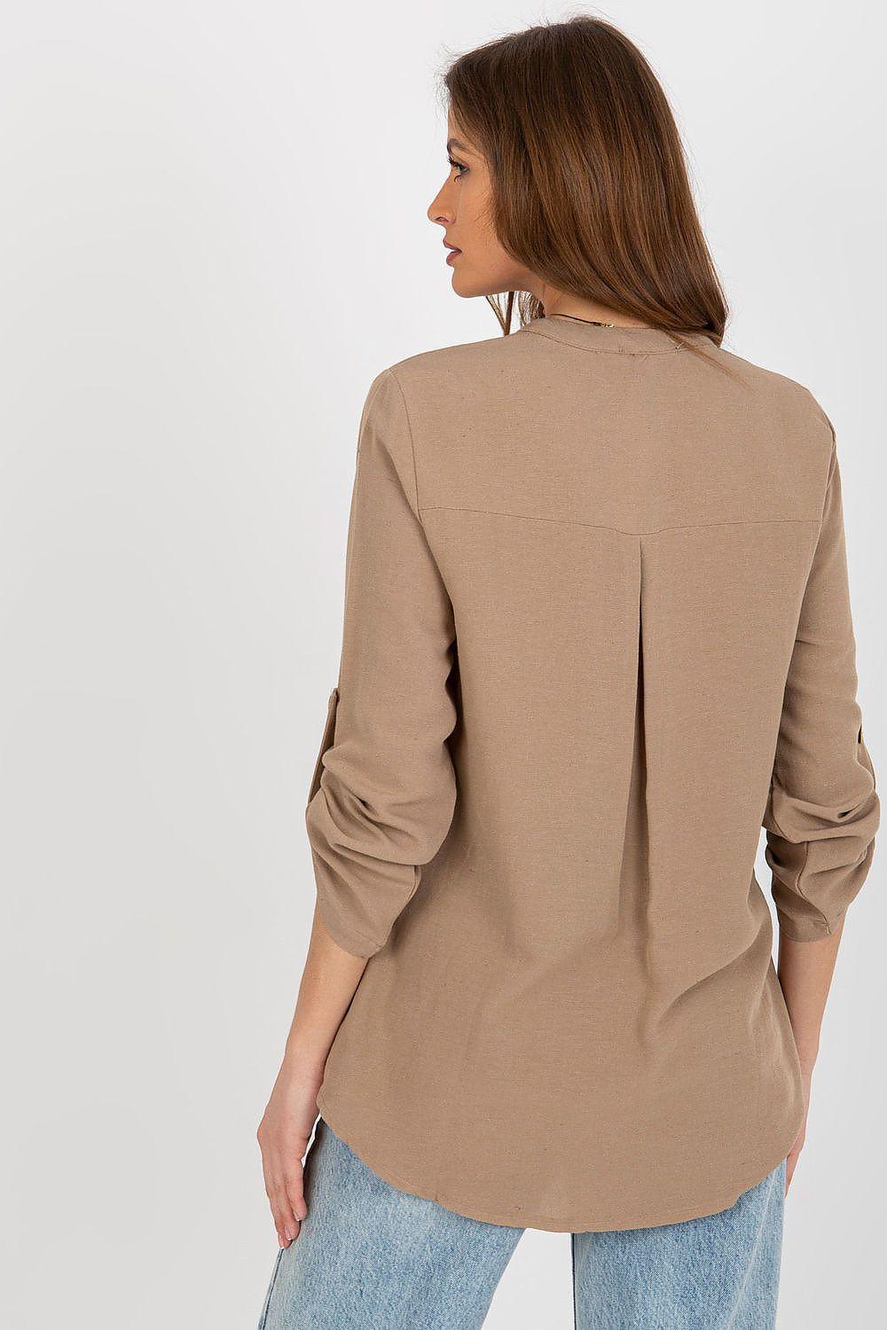 Rue Paris blouse back with center seam and roll-tab sleeves, taupe-brown