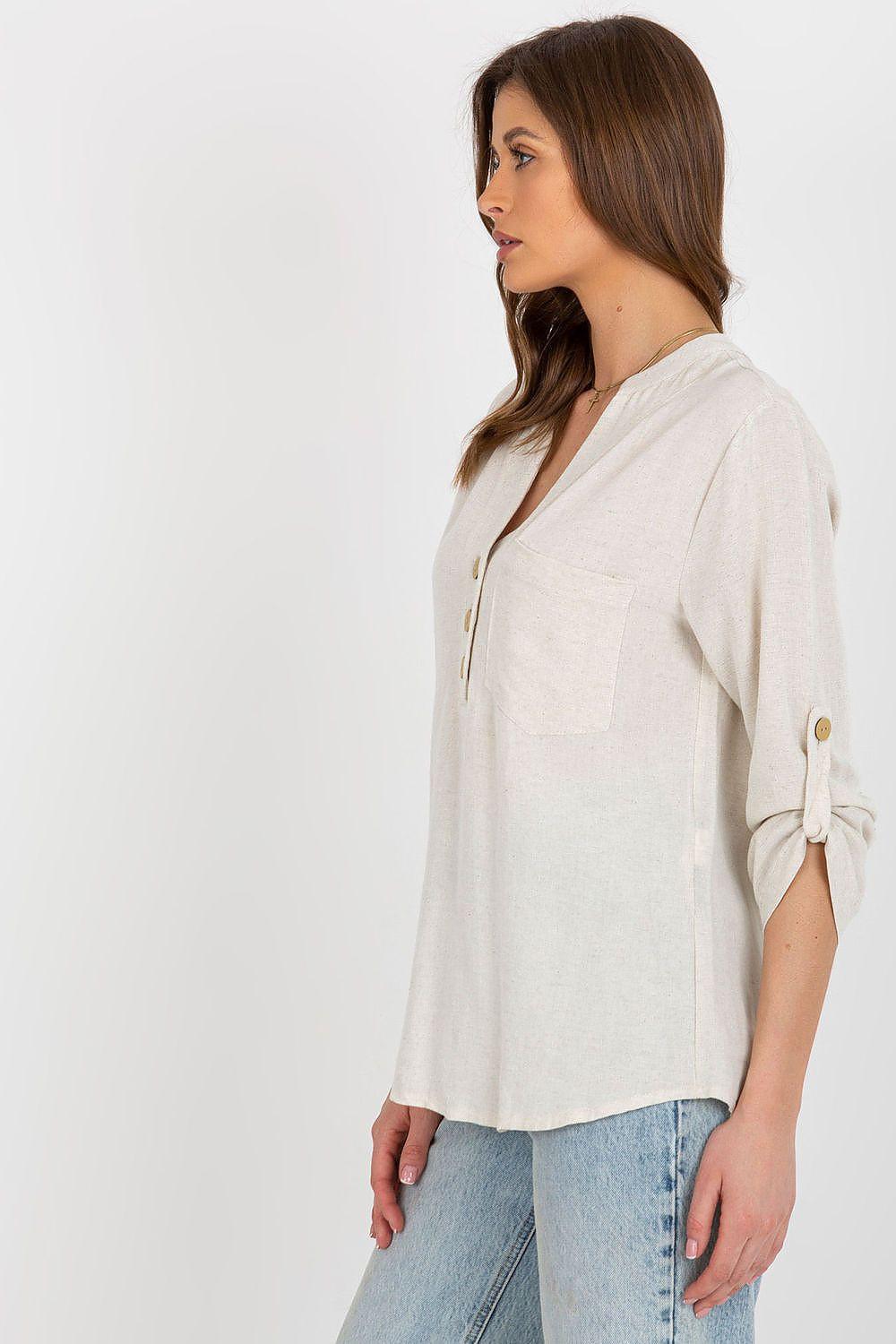 Beige linen-look blouse with V-neck button front and 3/4 sleeves with tied cuffs