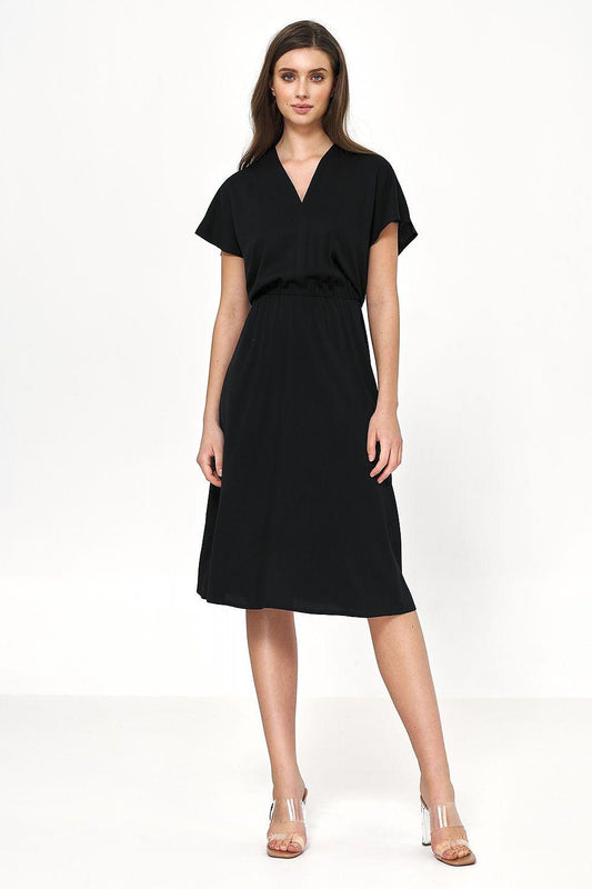 Black V-neck midi daydress with short sleeves and ruched waist, full view