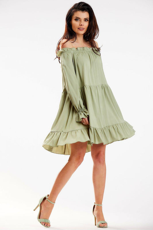 Green off-shoulder daydress with tiered skirt and ruffle sleeves, midi length