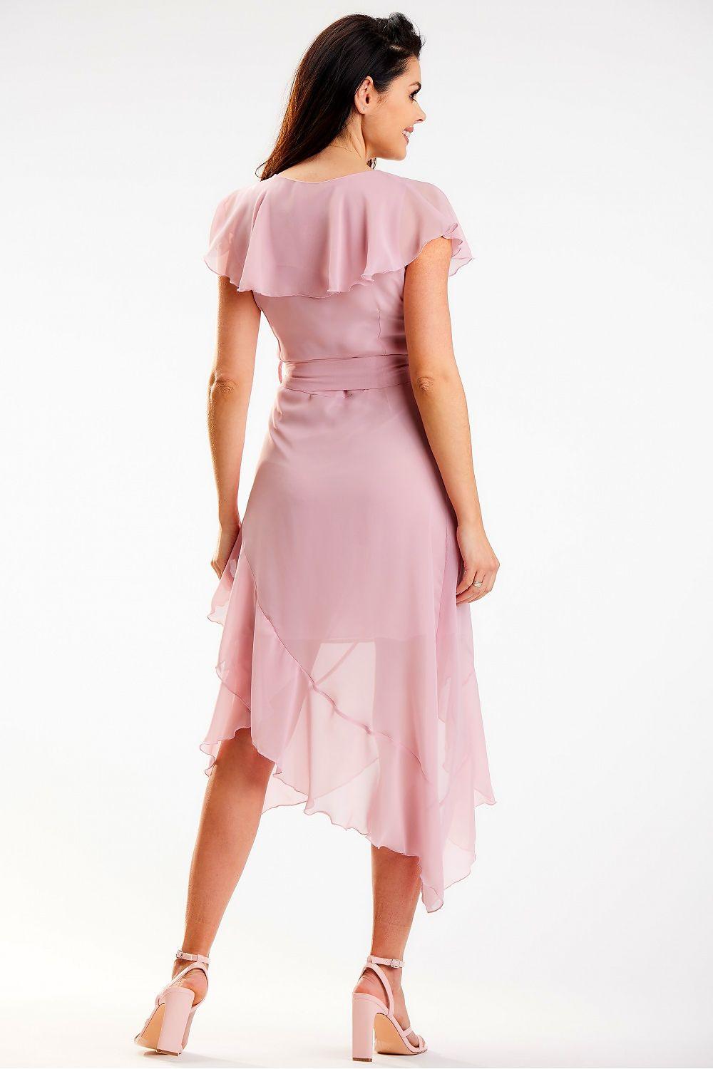 Pink daydress back view with flutter sleeves and layered asymmetrical hem