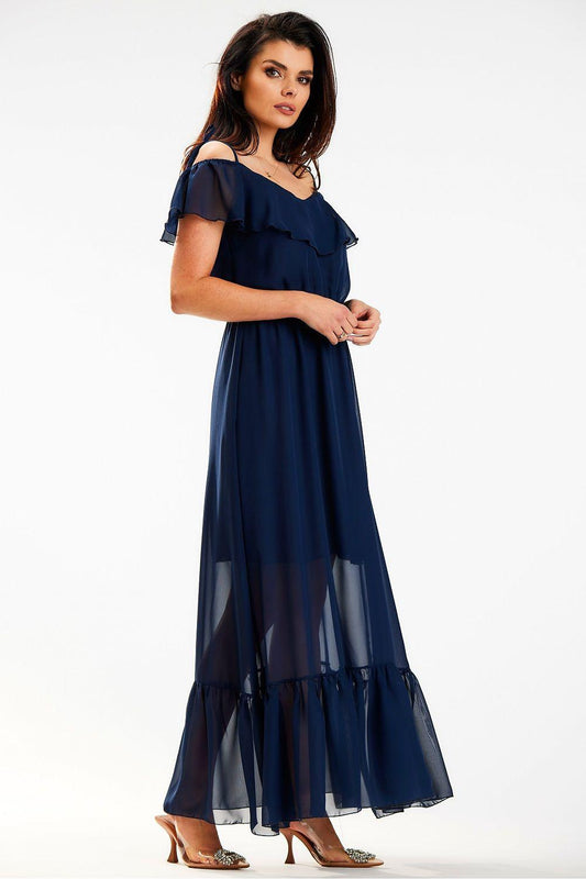 Awama daydress in navy blue with ruffled neckline, short sleeves, and tiered maxi skirt