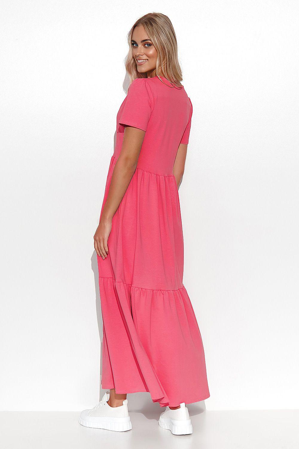 Makadamia daydress in pink, side view, V-neck short sleeves, tiered midi hem