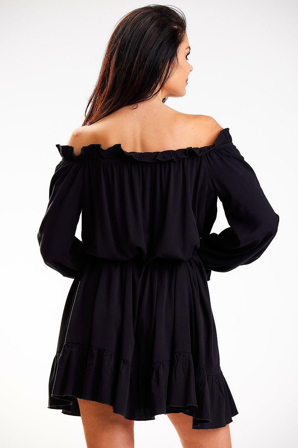 Awama daydress 179597, black off-shoulder back view, long puff sleeves, tiered hem