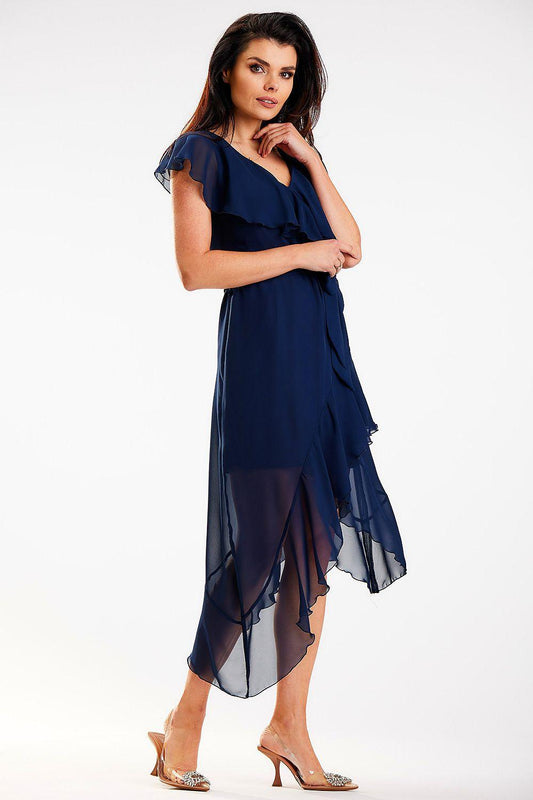 Daydress, navy blue, V-neck, ruffled cap sleeves, layered asymmetrical hem.