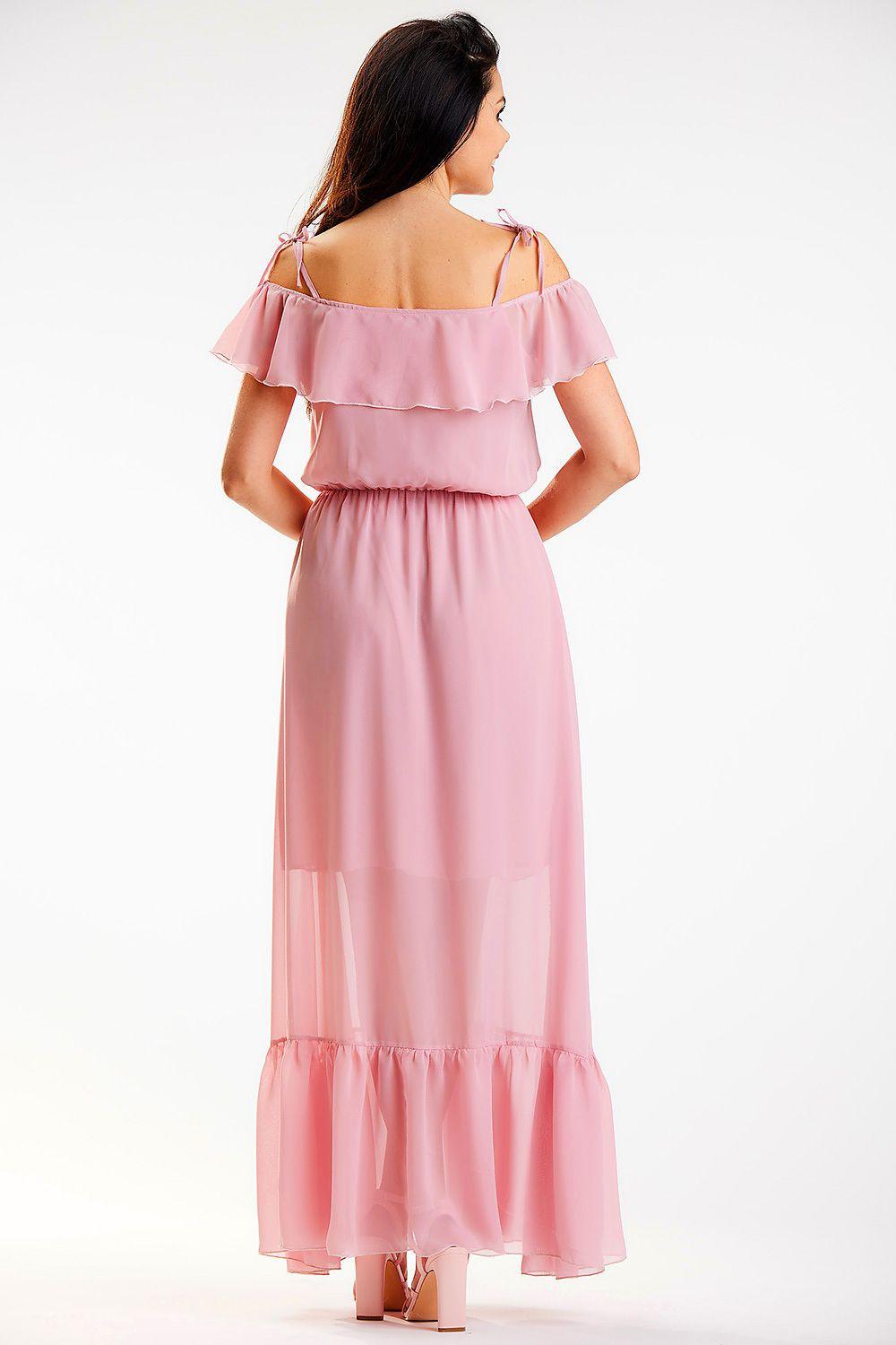 Pink off-shoulder daydress from back view with ruffled neckline and tiered hem