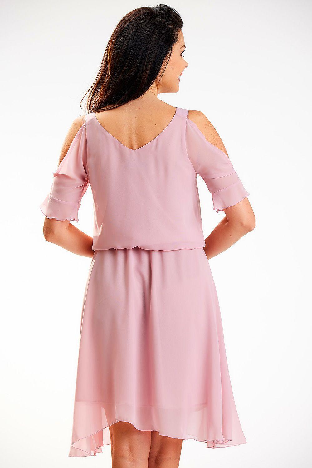 Pink day dress with V-back and cold-shoulder sleeves, tiered chiffon skirt