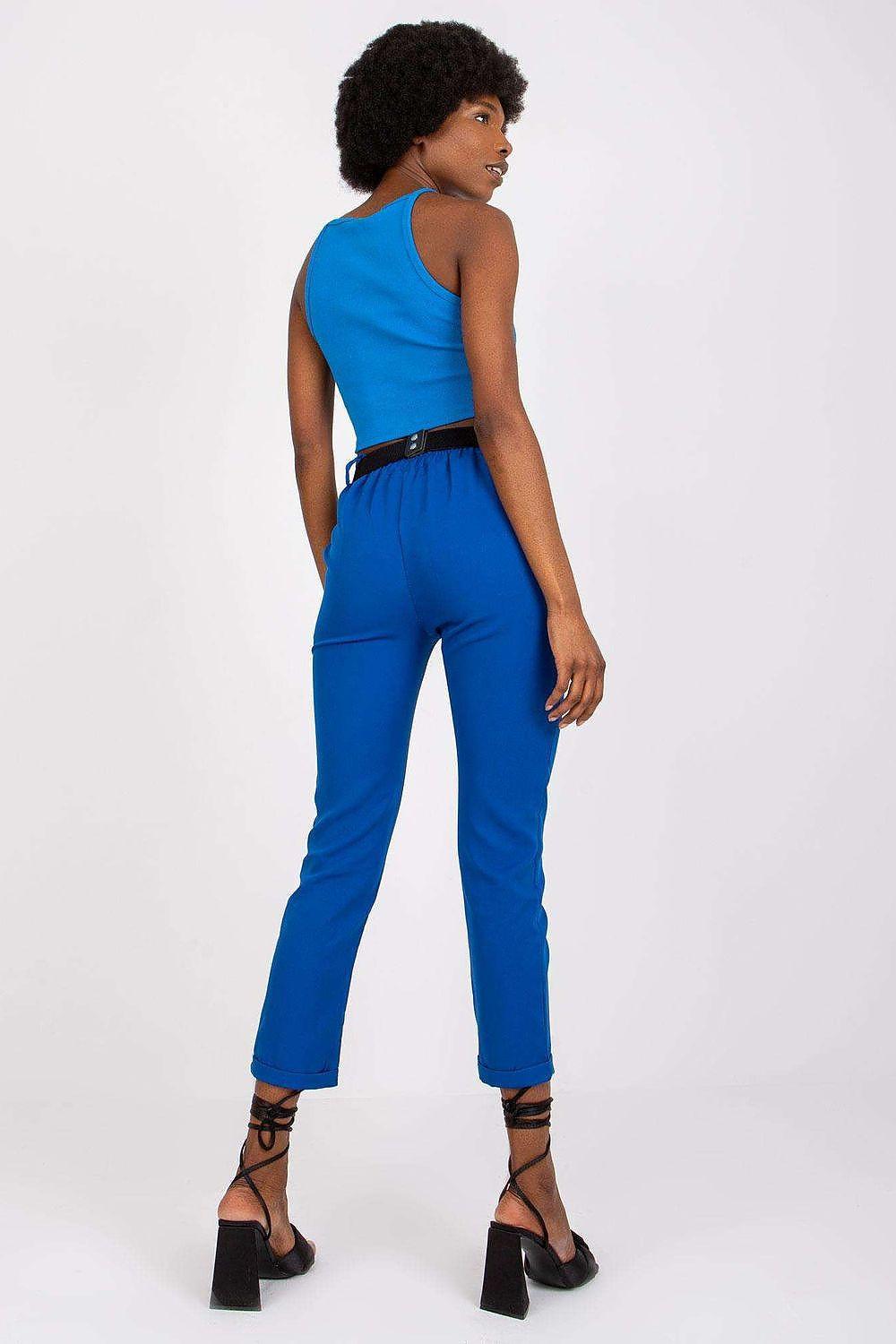 Blue women’s trousers with belt loops and fitted straight leg