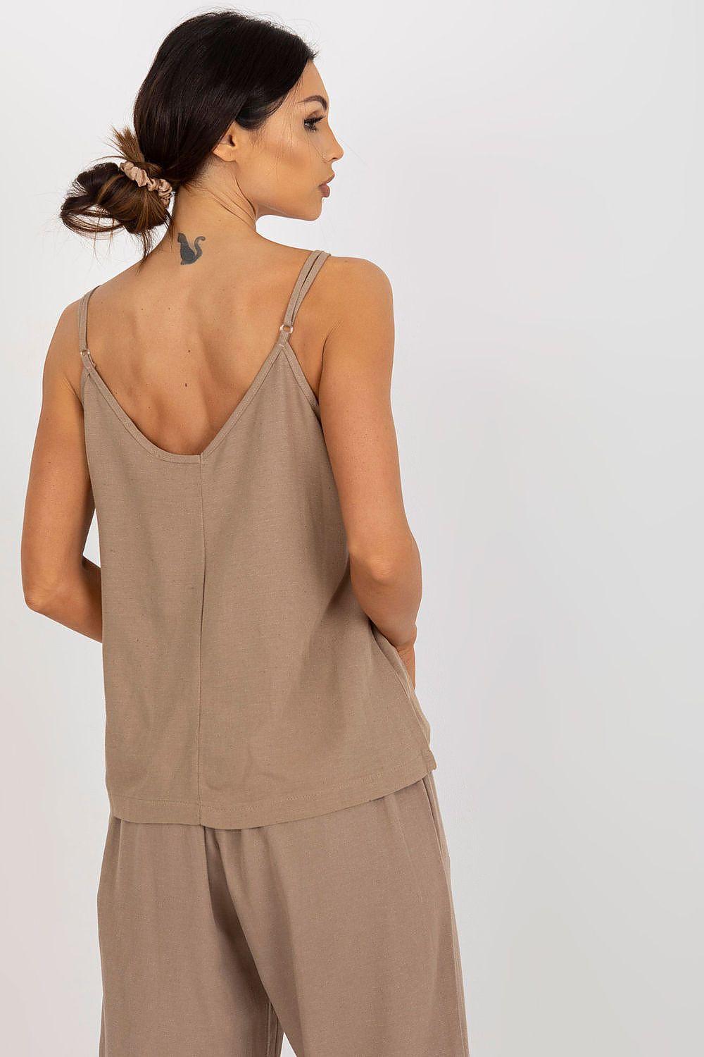 Beige sleeveless top with open V-back and thin straps