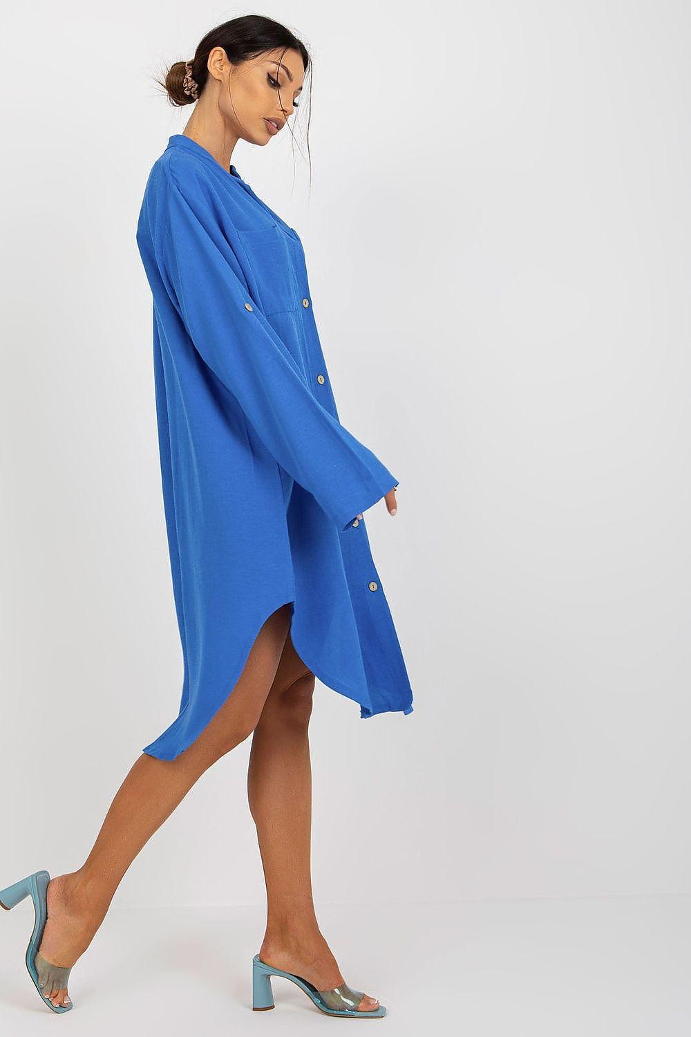 Blue button-front daydress with long sleeves and side-slit curved hem