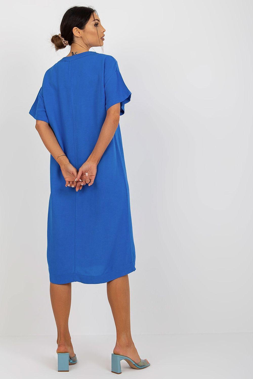 Blue V-neck short-sleeve midi daydress, back view with draped shoulders and midi hem