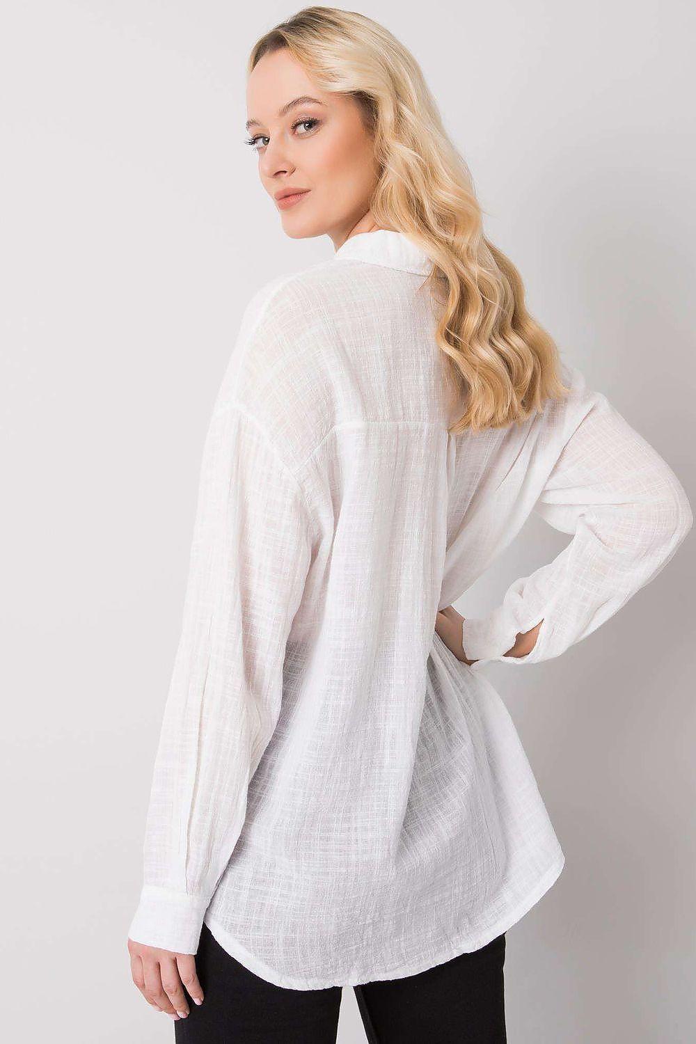 White long-sleeve shirt back view with buttoned front and cuffed sleeves