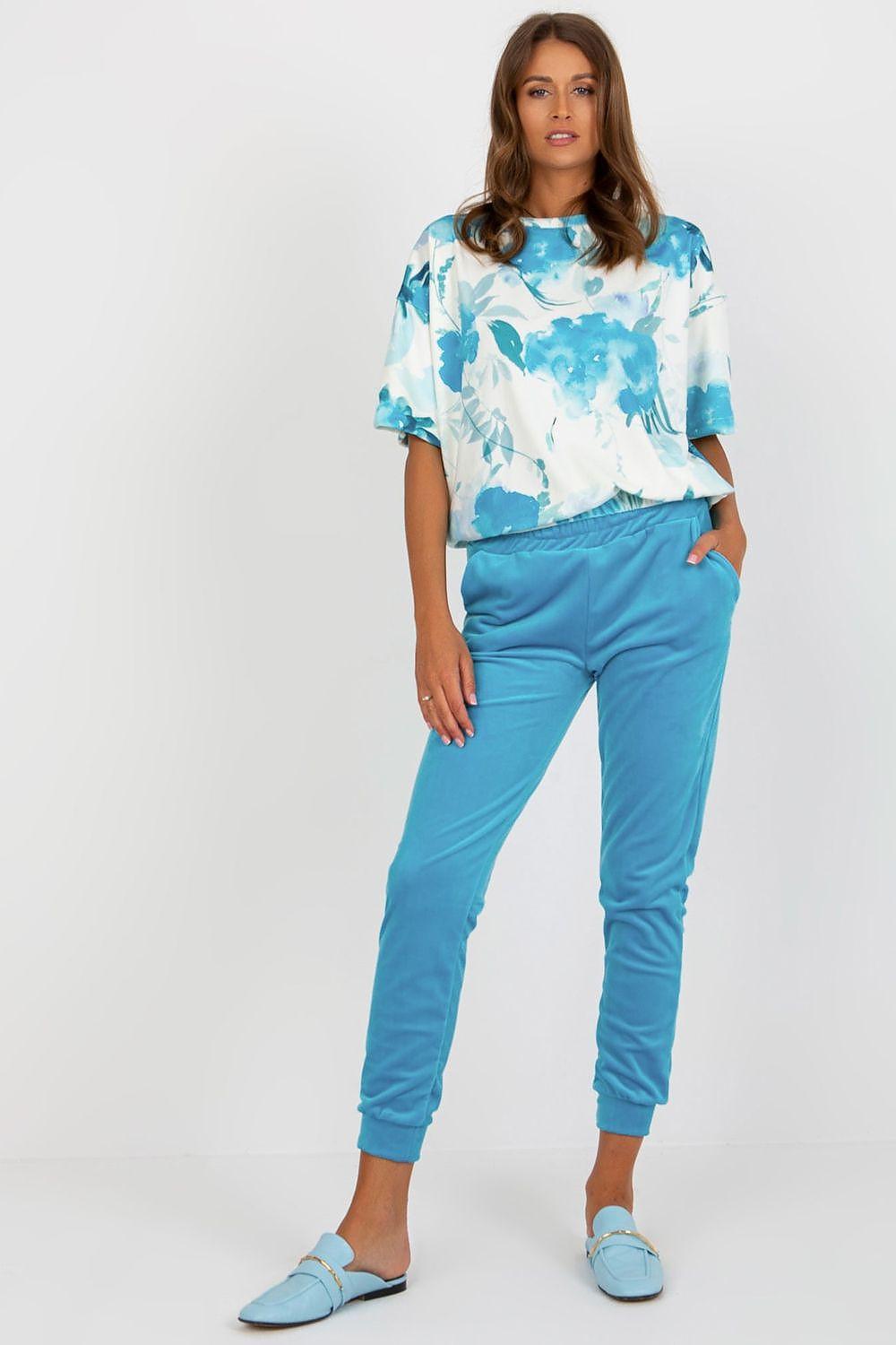 Blue velour patterned blouse and jogger pants set, short sleeves and elastic cuffs