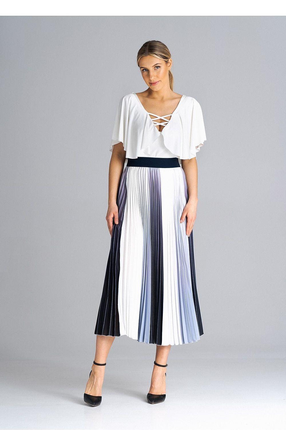 Midi pleated skirt with vertical stripe panels and black waistband, navy and white