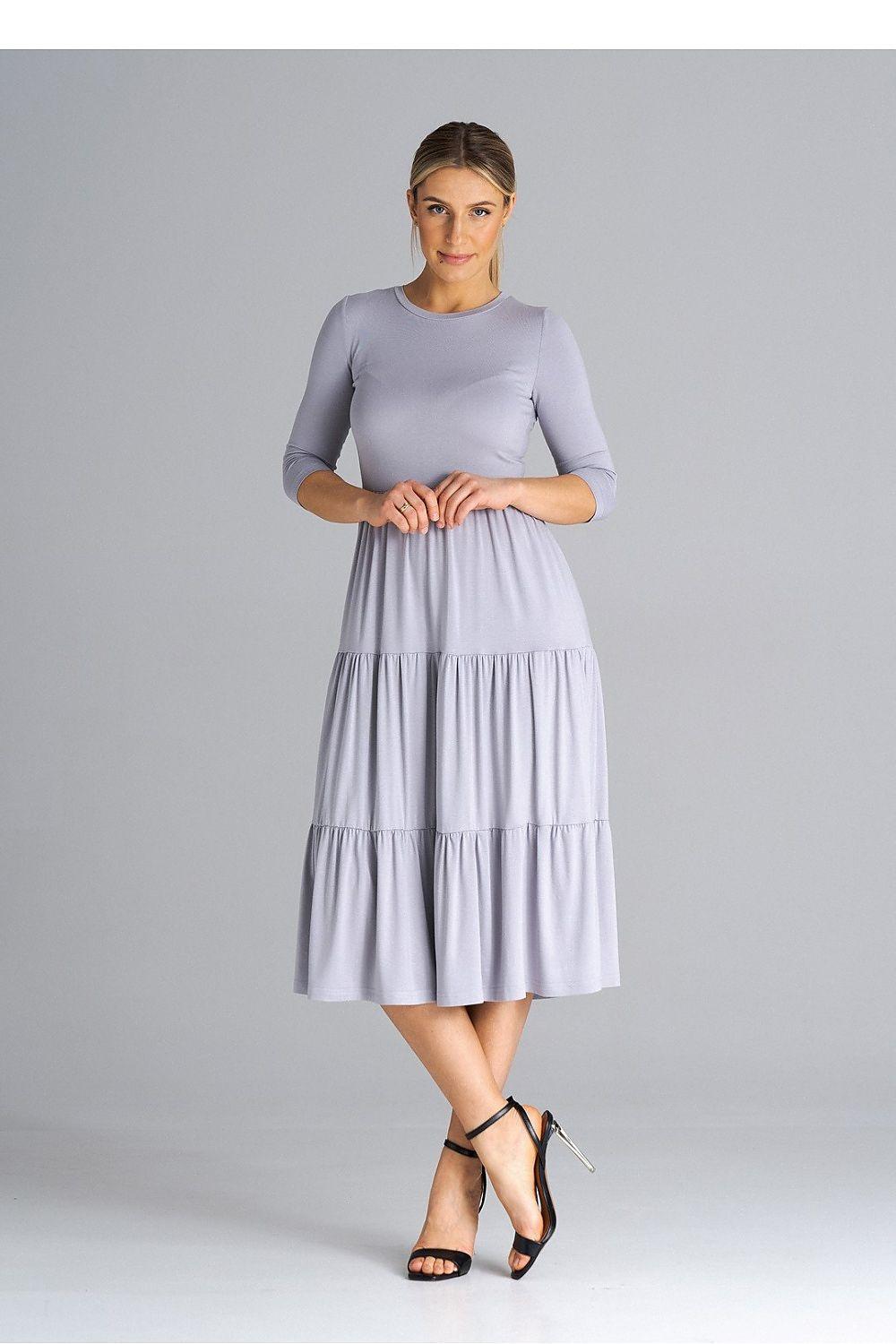 Grey tiered daydress with 3/4 sleeves and round neckline, knee length, front view
