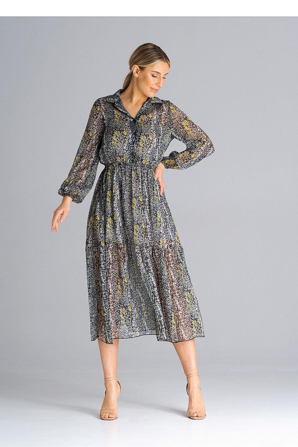 Women’s day dress multicolor abstract print, long sleeves, gathered waist, midi length