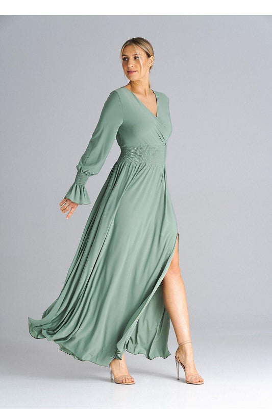Green maxi dress with V-neck, smocked waist, long ruched cuffs and side slit