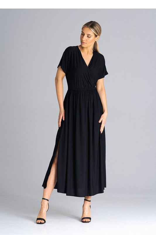 Black day dress with overlapping V-neck, short sleeves, elastic waist, side slit midi