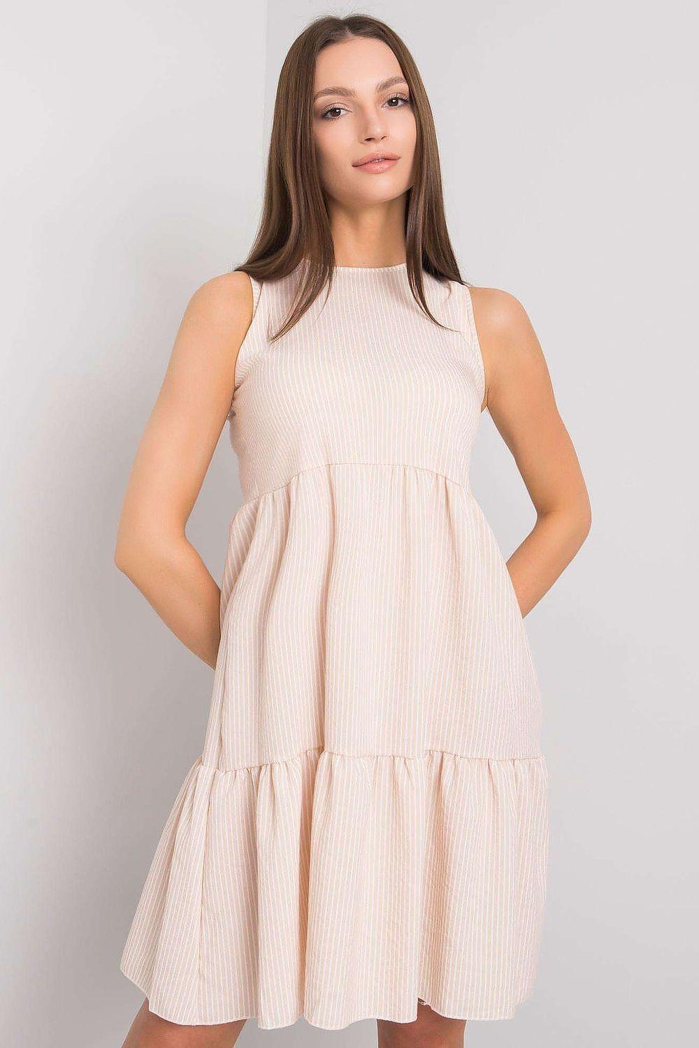 Beige sleeveless tiered daydress with round neckline and gathered tier details