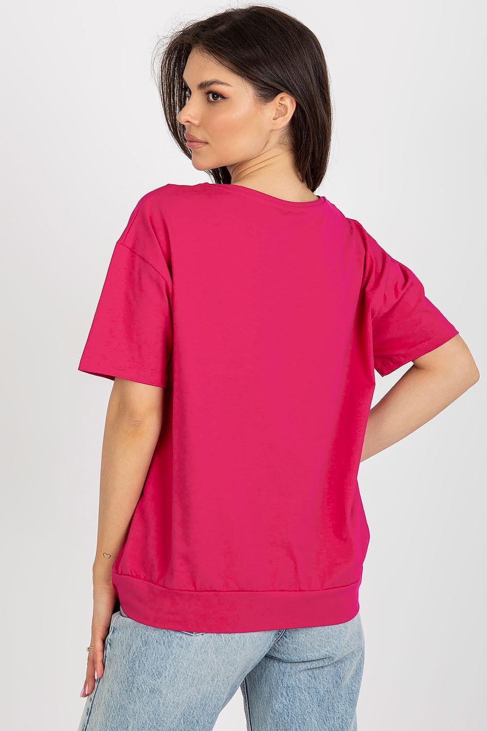 Pink short-sleeve blouse with crew neck and rounded hem seam