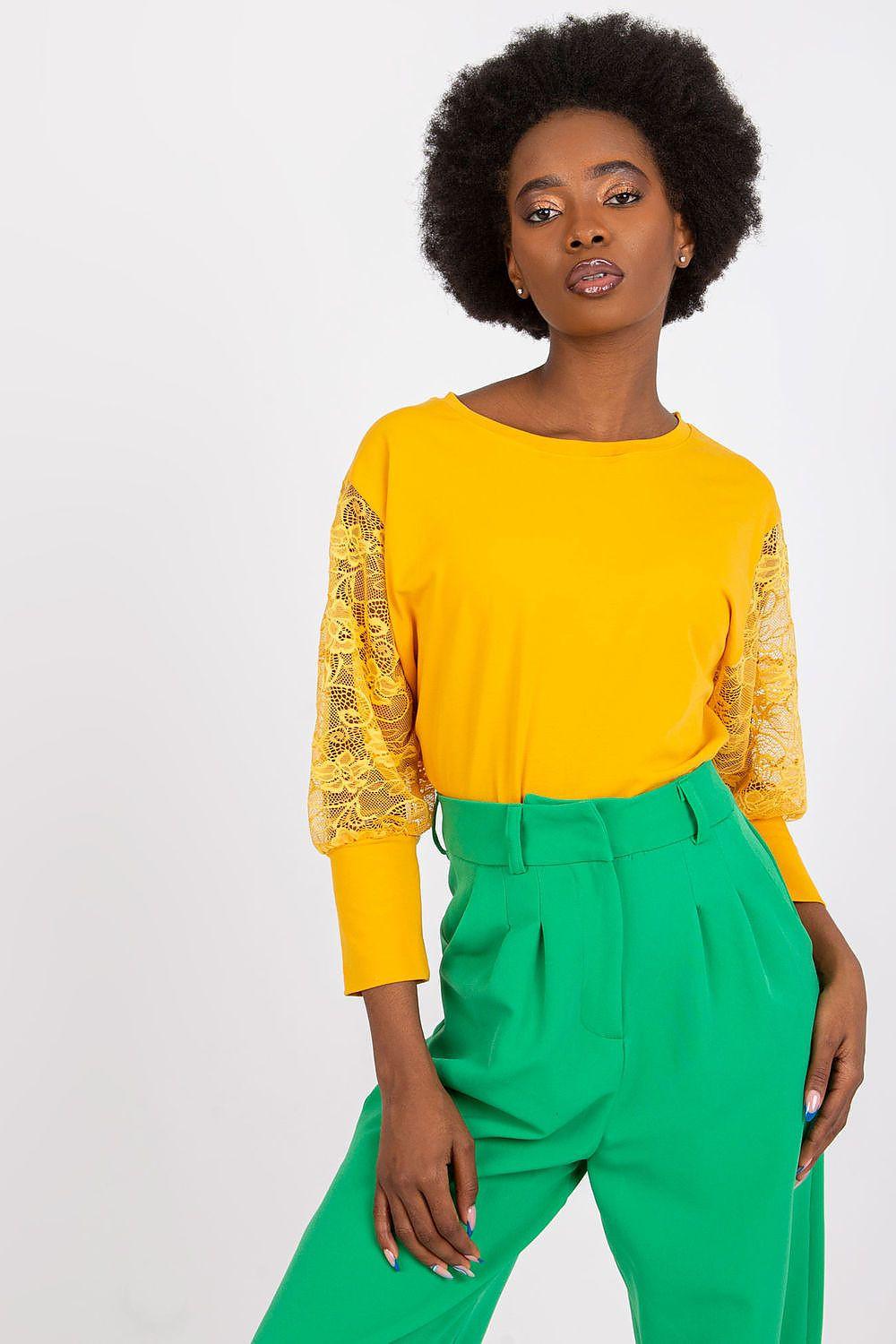 Orange cotton blouse with lace 3/4 sleeves and rounded neckline
