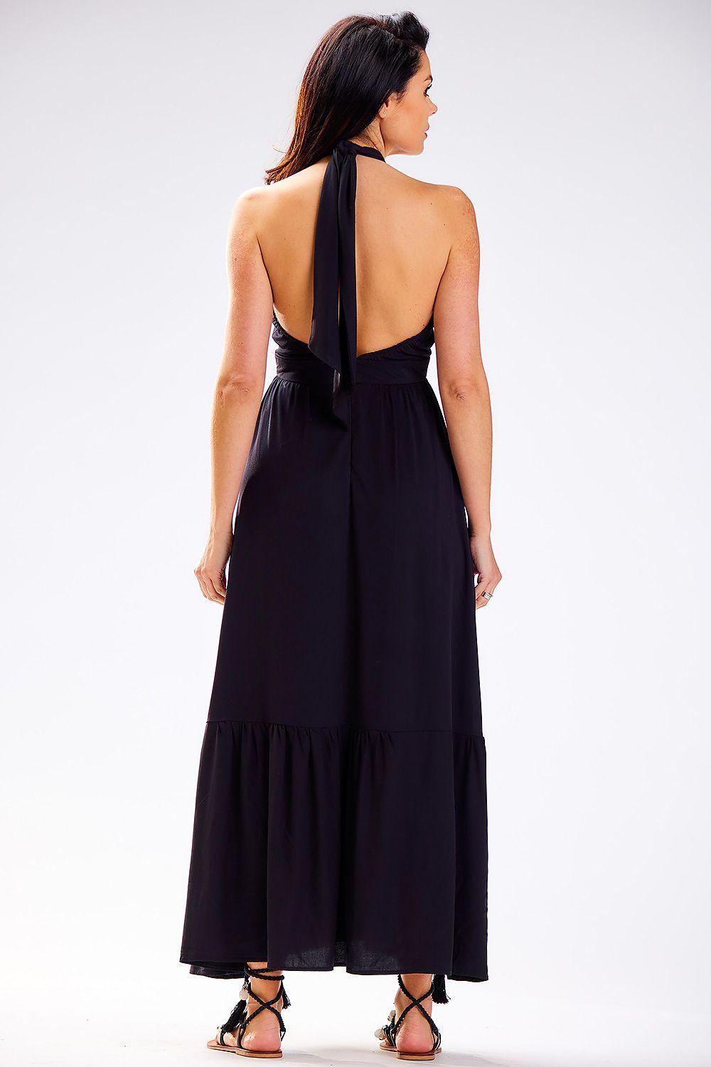 Awama daydress 181102, backless halter maxi in dark black with tiered skirt