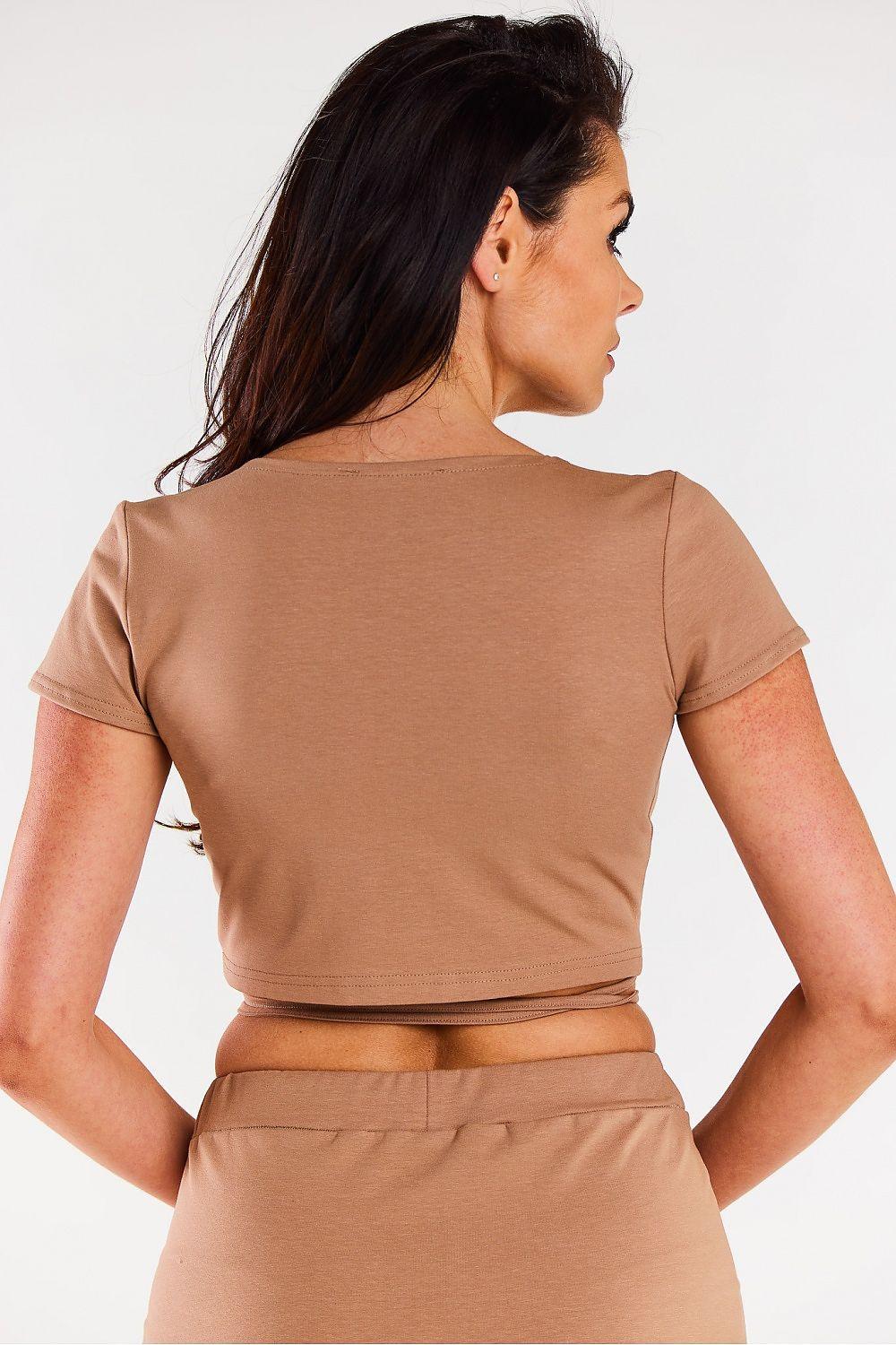 Beige wrap blouse back view with short sleeves and waist tie