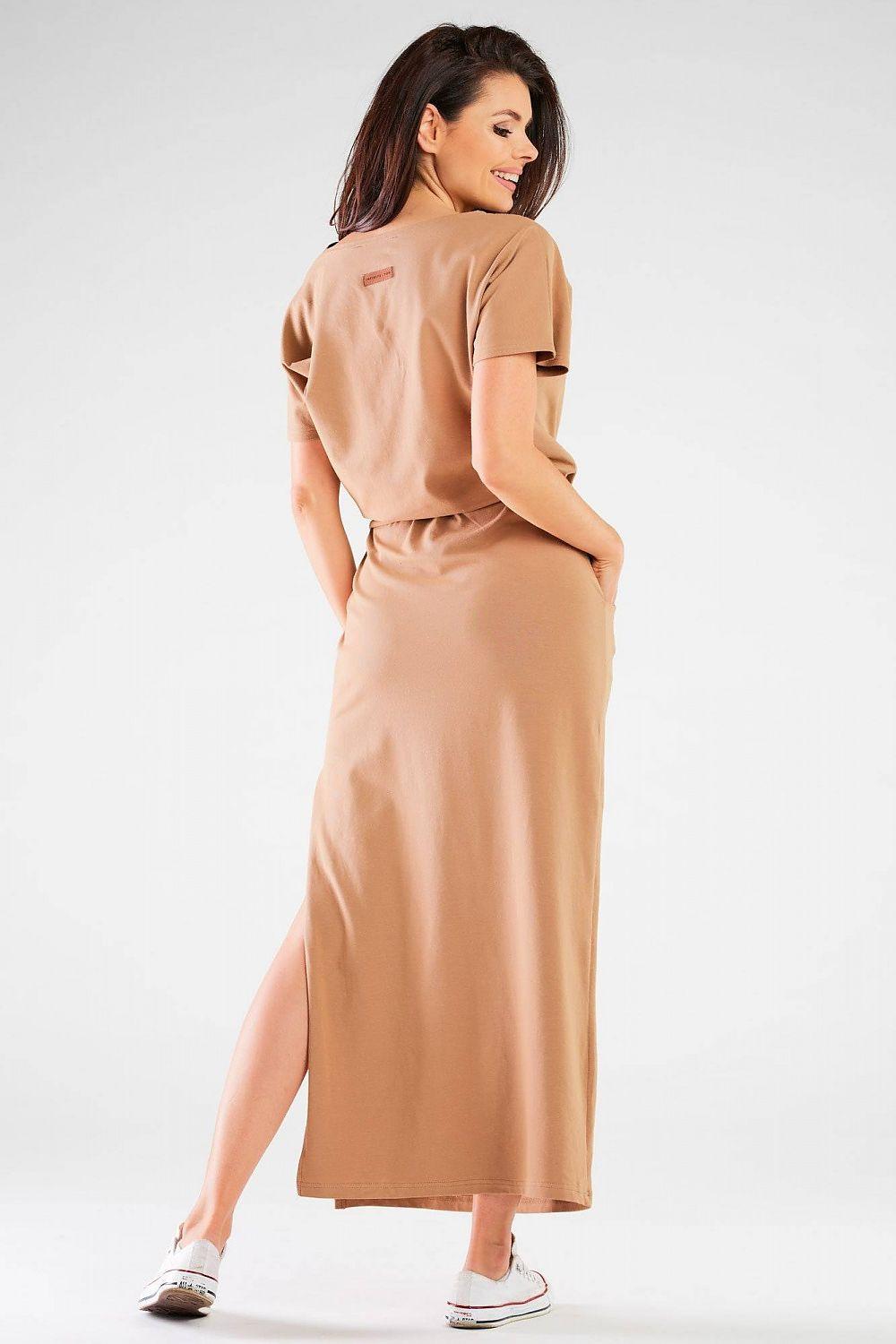 Beige daydress with short sleeves and side slit, back view