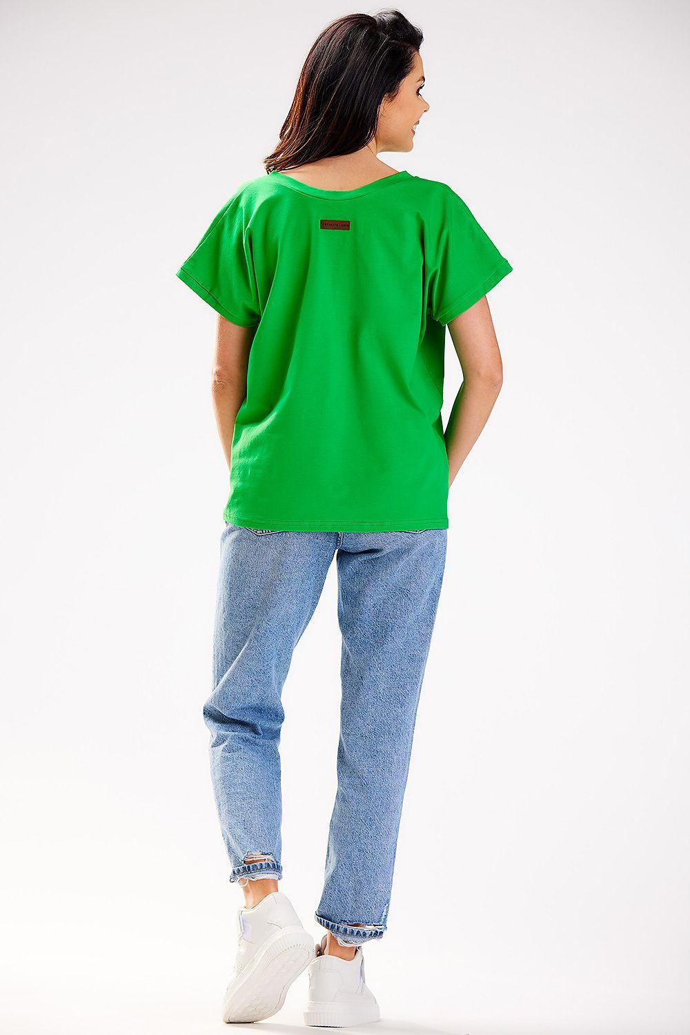 Back view of bright green short-sleeve V-neck blouse