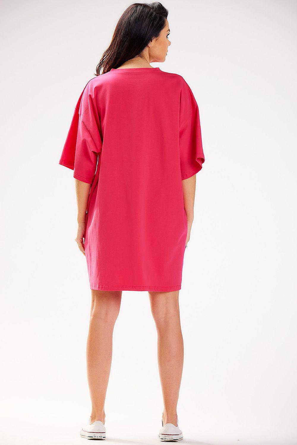 Pink daydress back view with short sleeves and straight hem, above-knee length