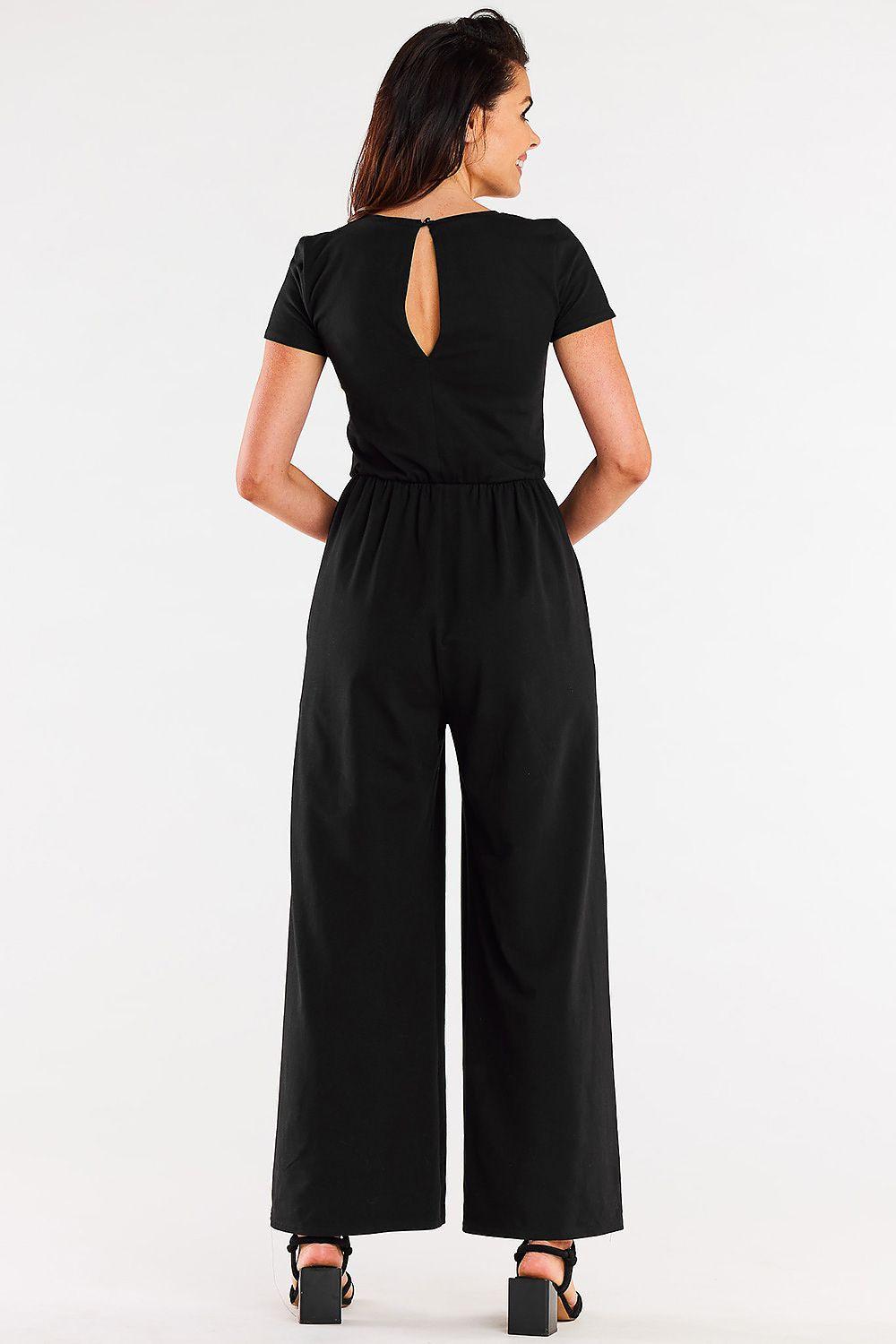 Women's black short-sleeve jumpsuit with open back and wide legs