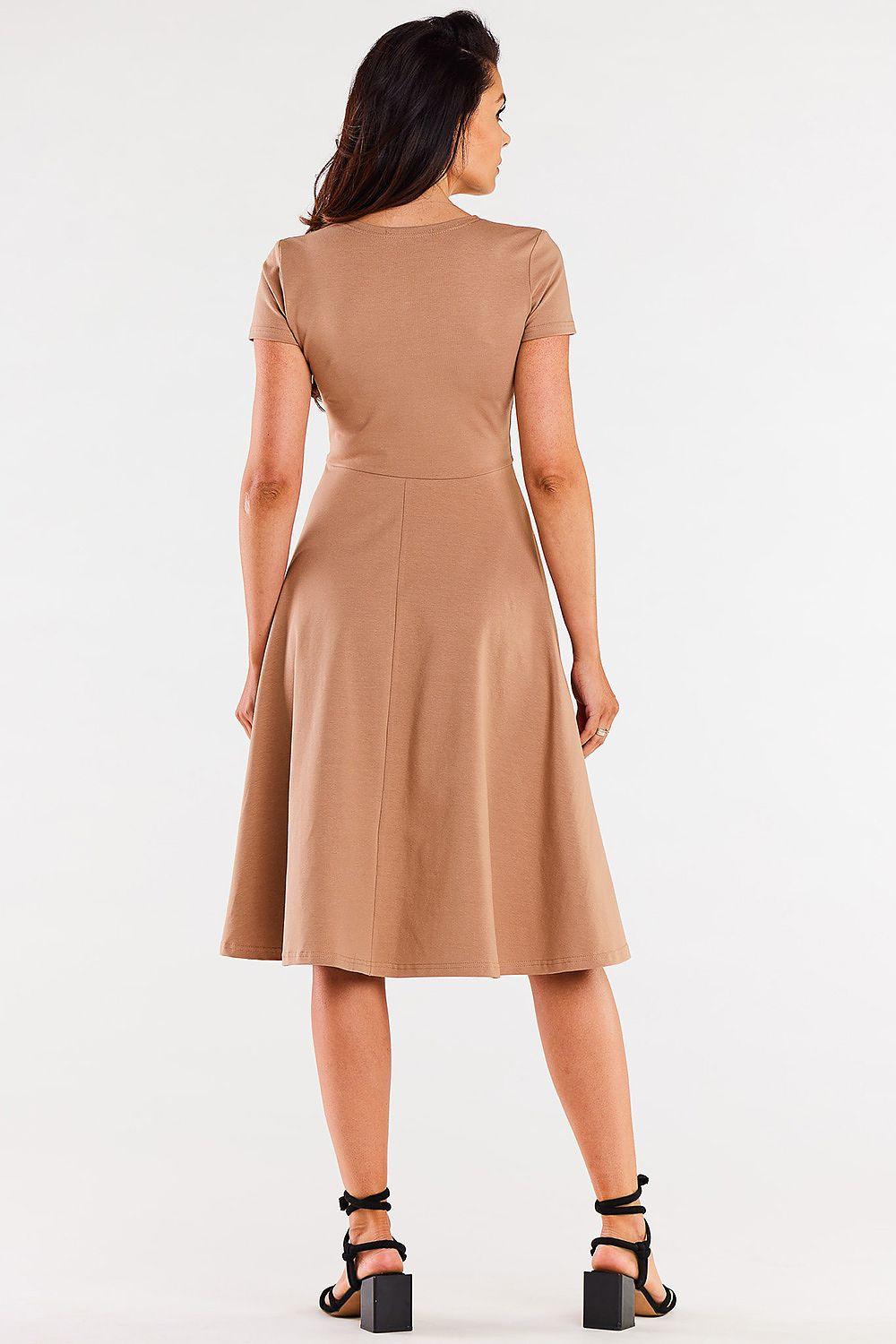 Beige daydress back view with short sleeves and flared skirt