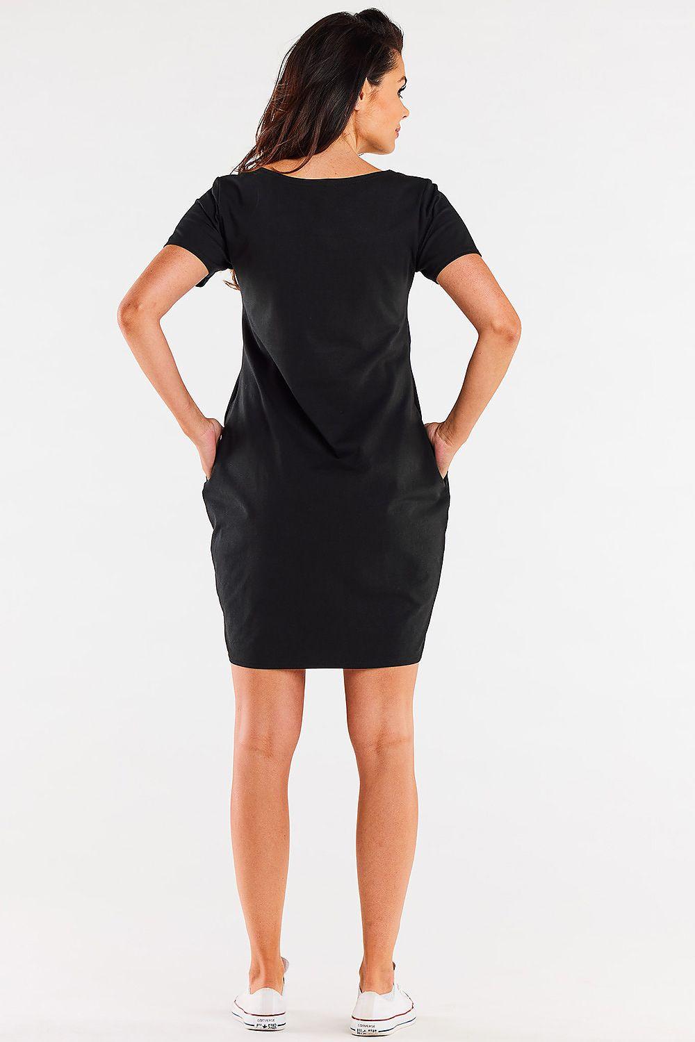 Black short-sleeve daydress, crew neck, above-knee straight fit, back view