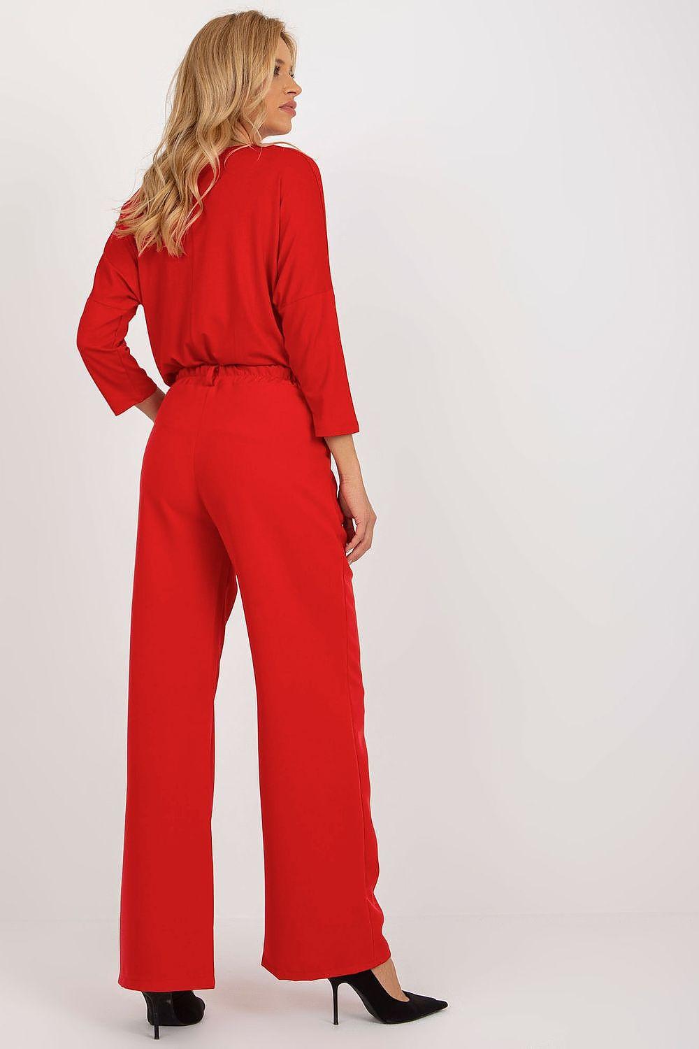 Women’s high-waist wide-leg trousers, red with waist tie and straight wide legs