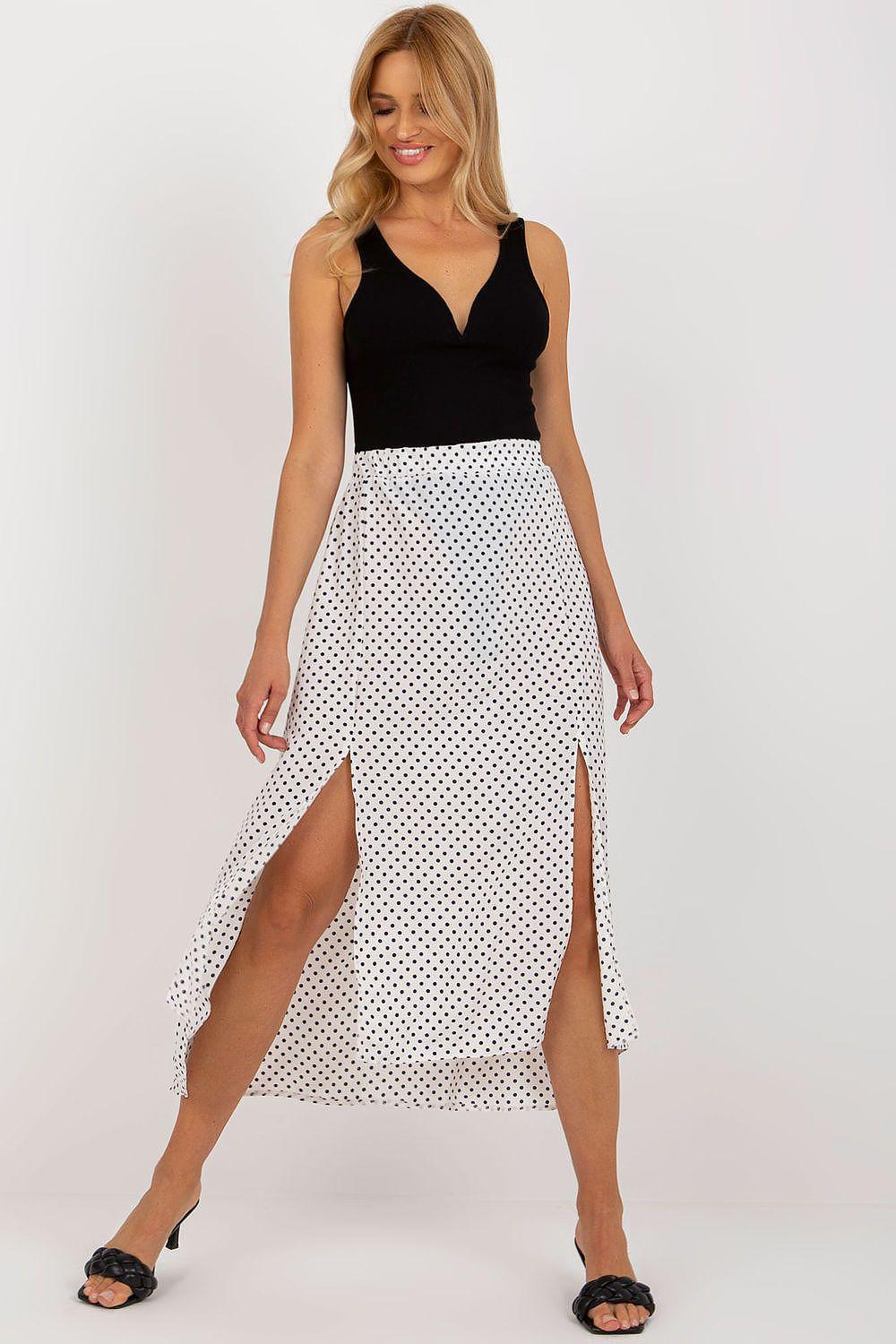White long skirt with black dotted pattern and deep front slit