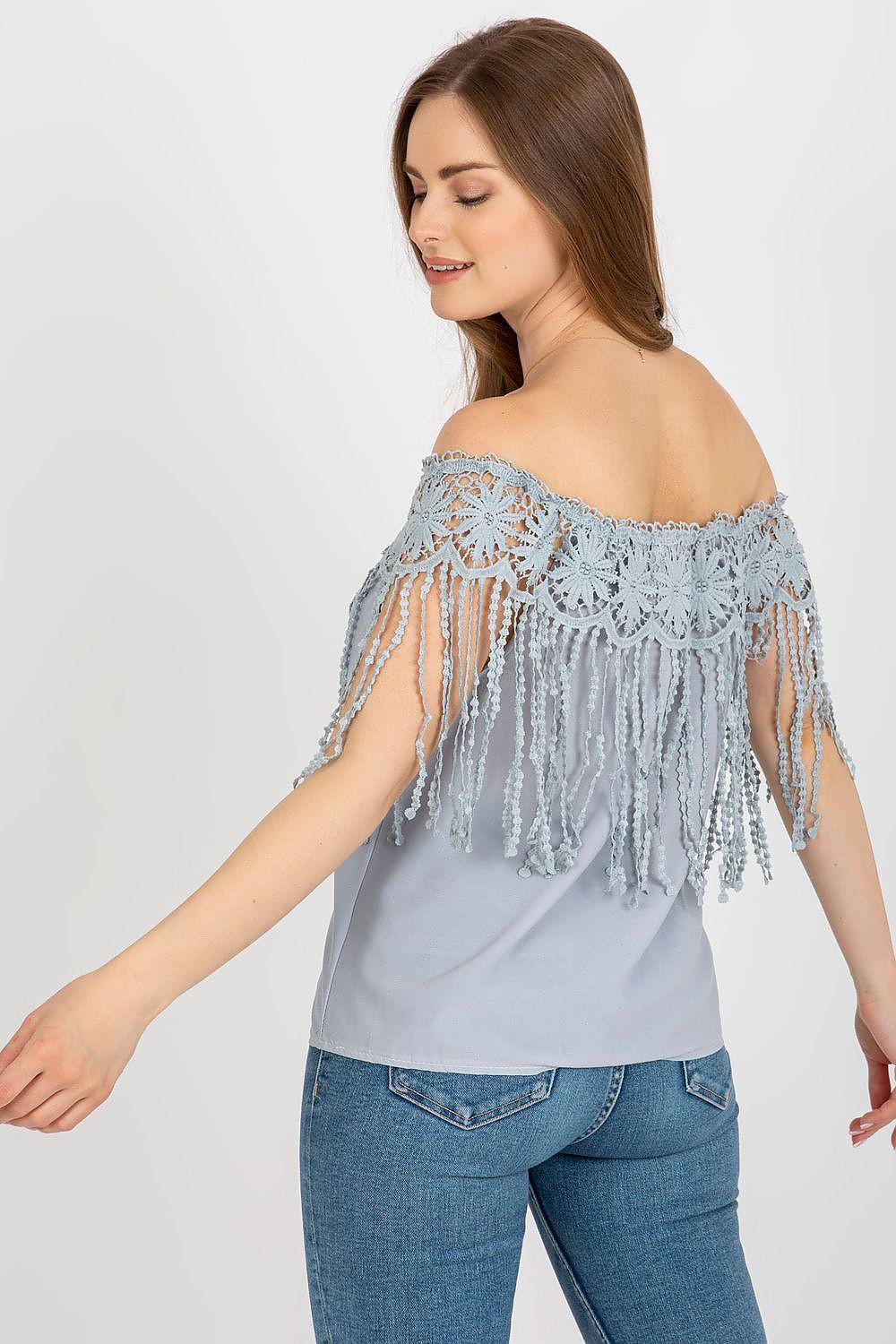 Grey off-shoulder blouse with crocheted lace yoke and fringe tassel sleeves