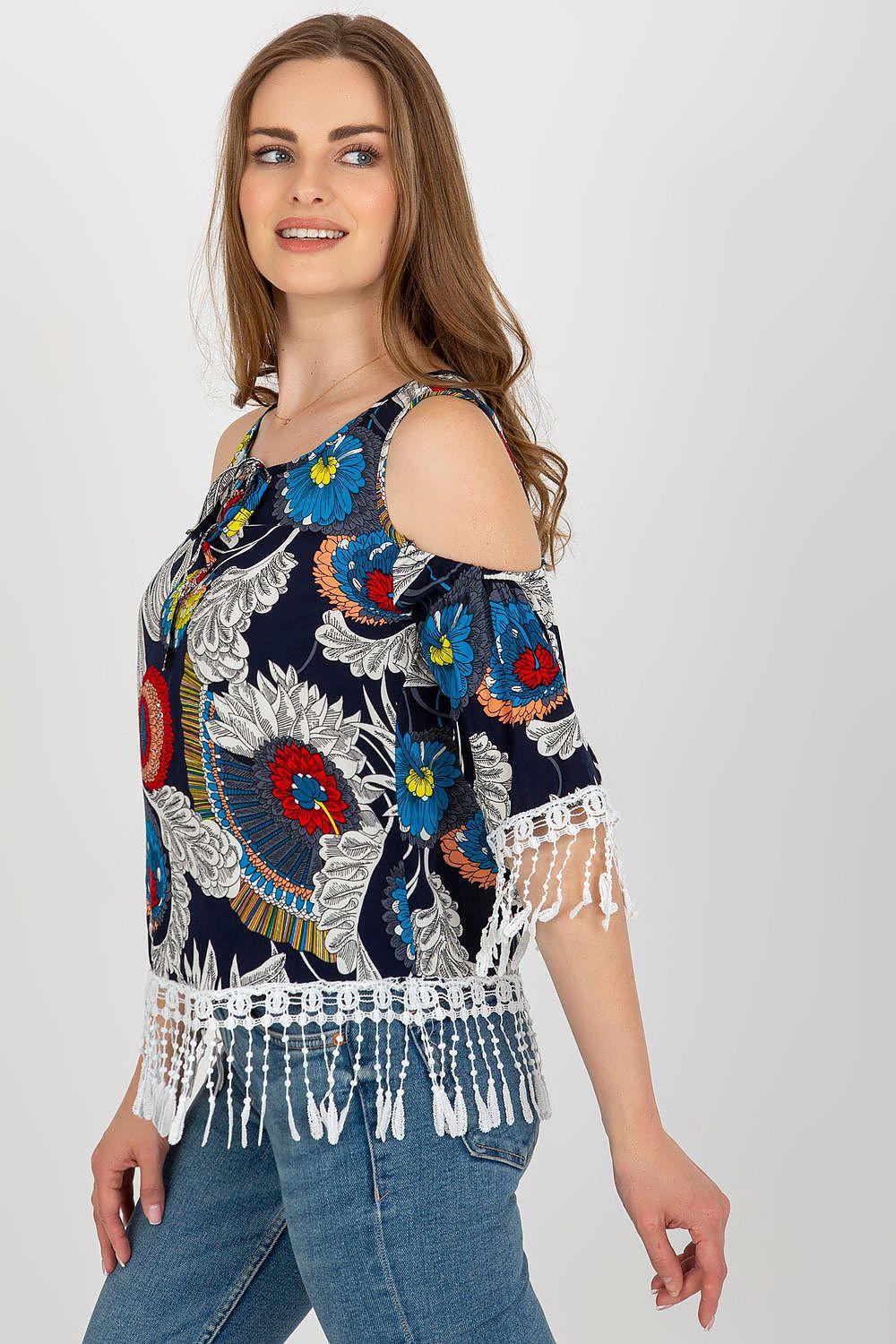 Cold-shoulder printed blouse, navy blue with multicolor floral paisley and tassel hem