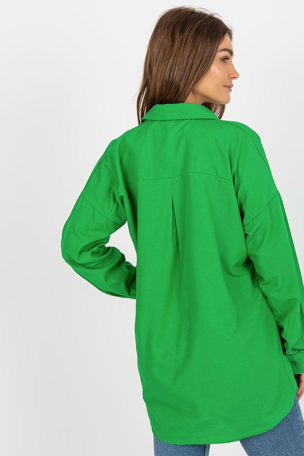 Green long sleeve shirt back view with stand collar and stitched seams