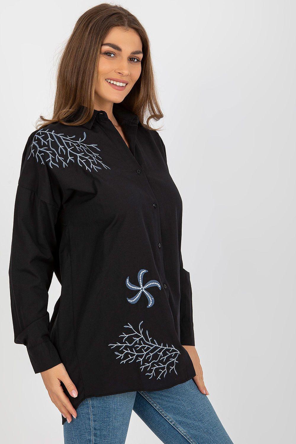 Black long-sleeve button shirt with embroidered leaf design across the front