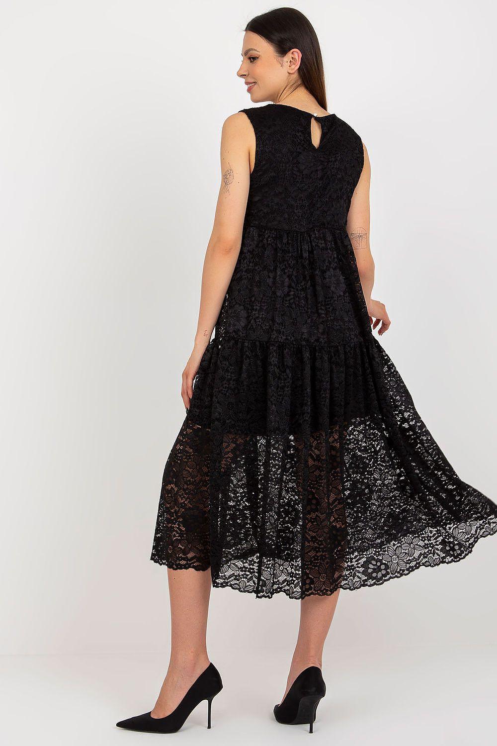 Black sleeveless lace daydress with V-back and tiered mid-calf skirt