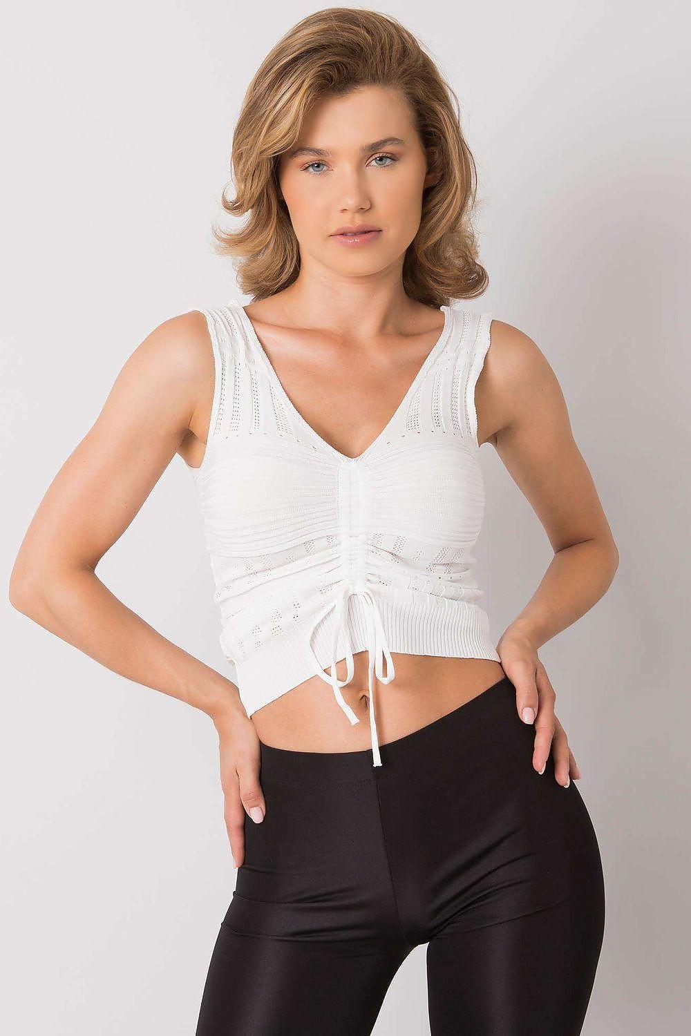 White ribbed sleeveless knit crop top with V-neck and drawstring waist, front