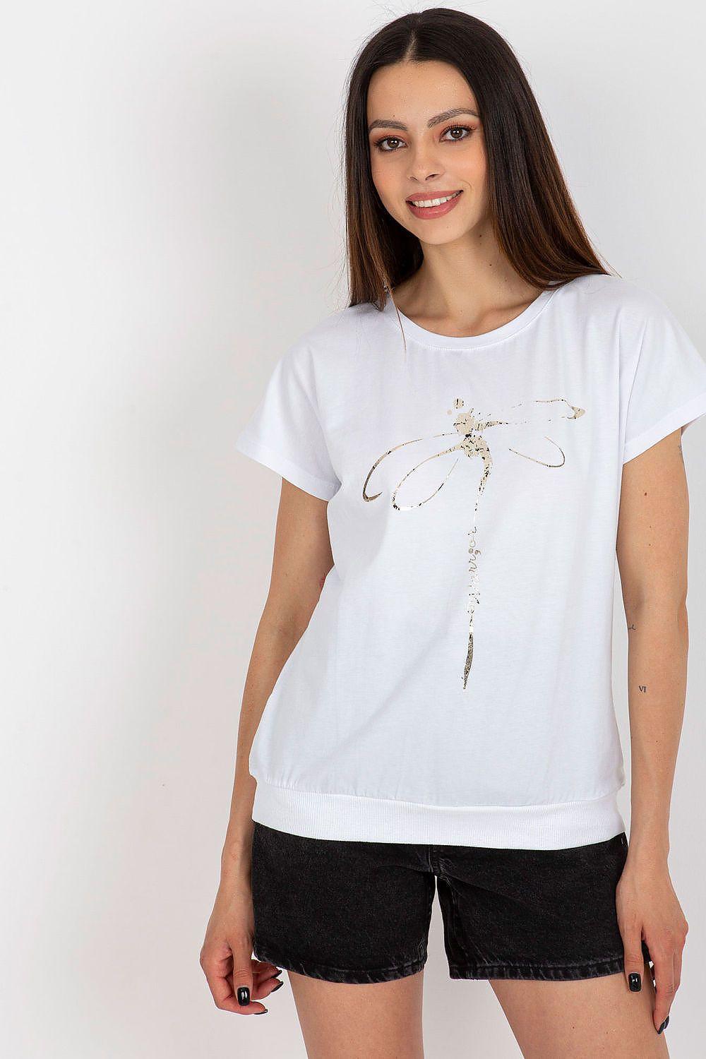 White cotton blouse, short sleeves, gold graphic print