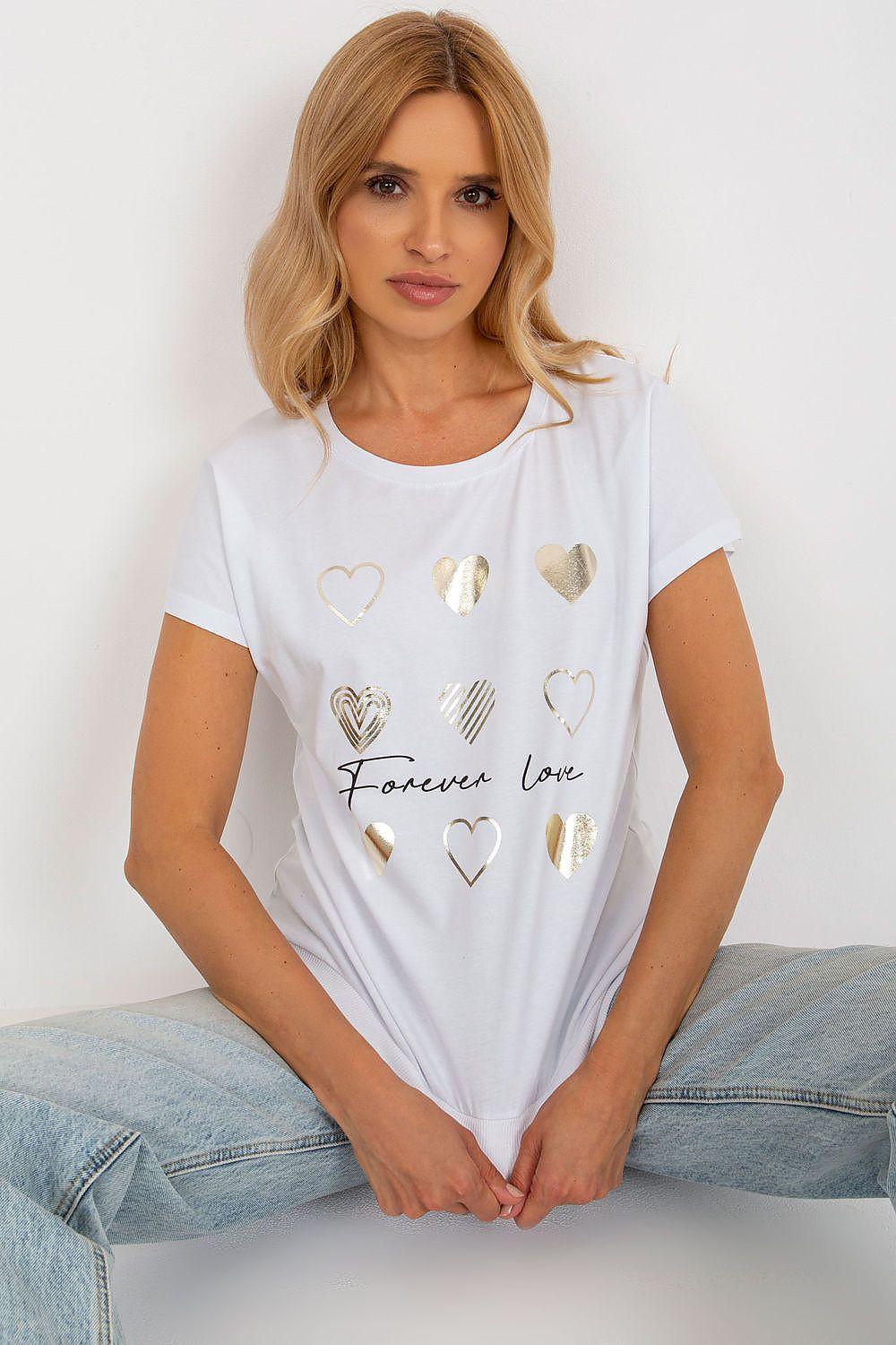 White short-sleeve blouse with heart graphic and 'Forever love' print, crew neck