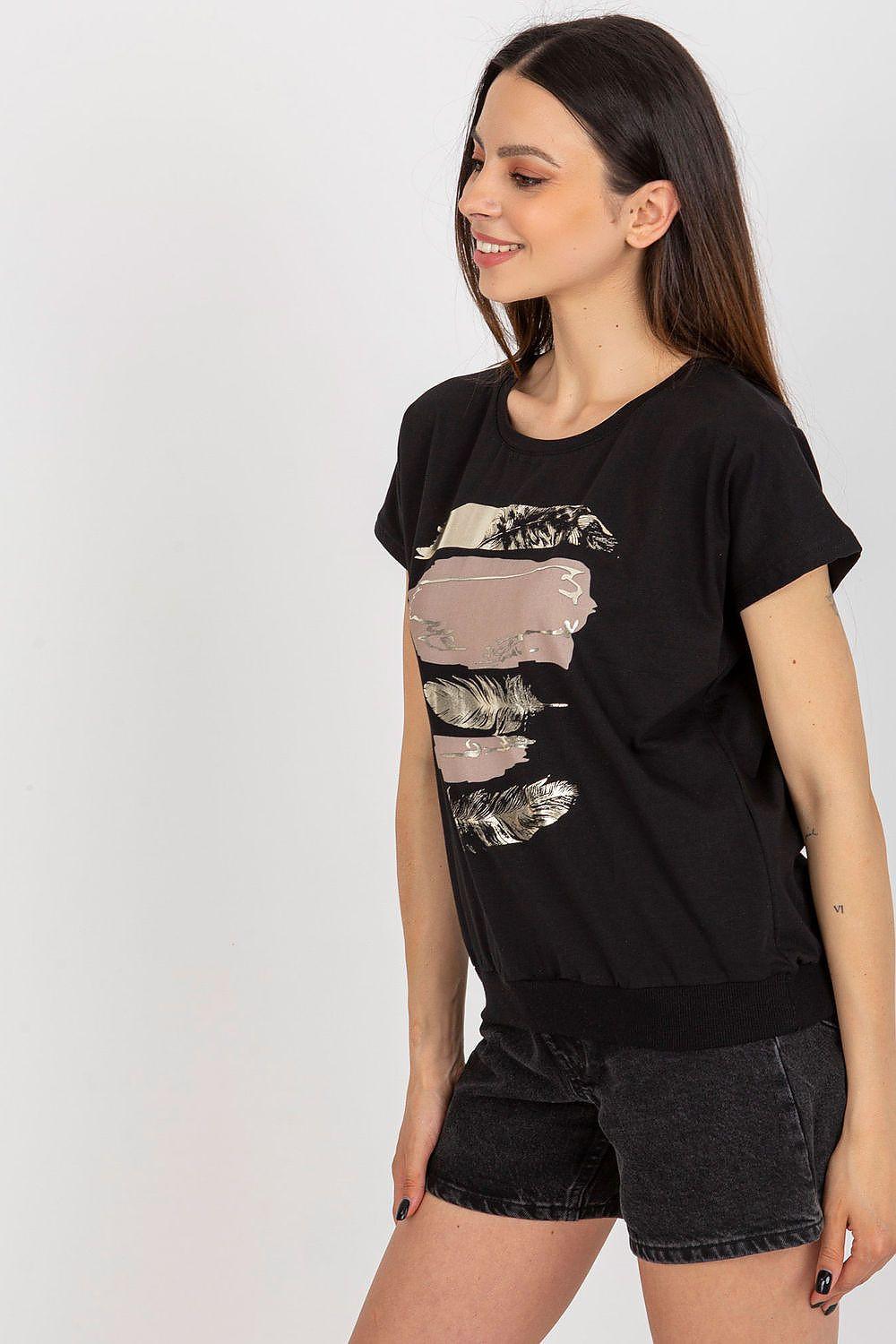 Black short-sleeve blouse with crew neck and front abstract graphic print